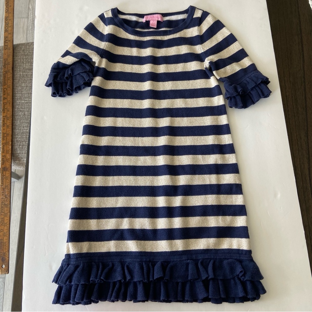 Lilly Pulitzer Navy/Gold sweater dress w/ruffles - Size S Small 4-5 - like New
